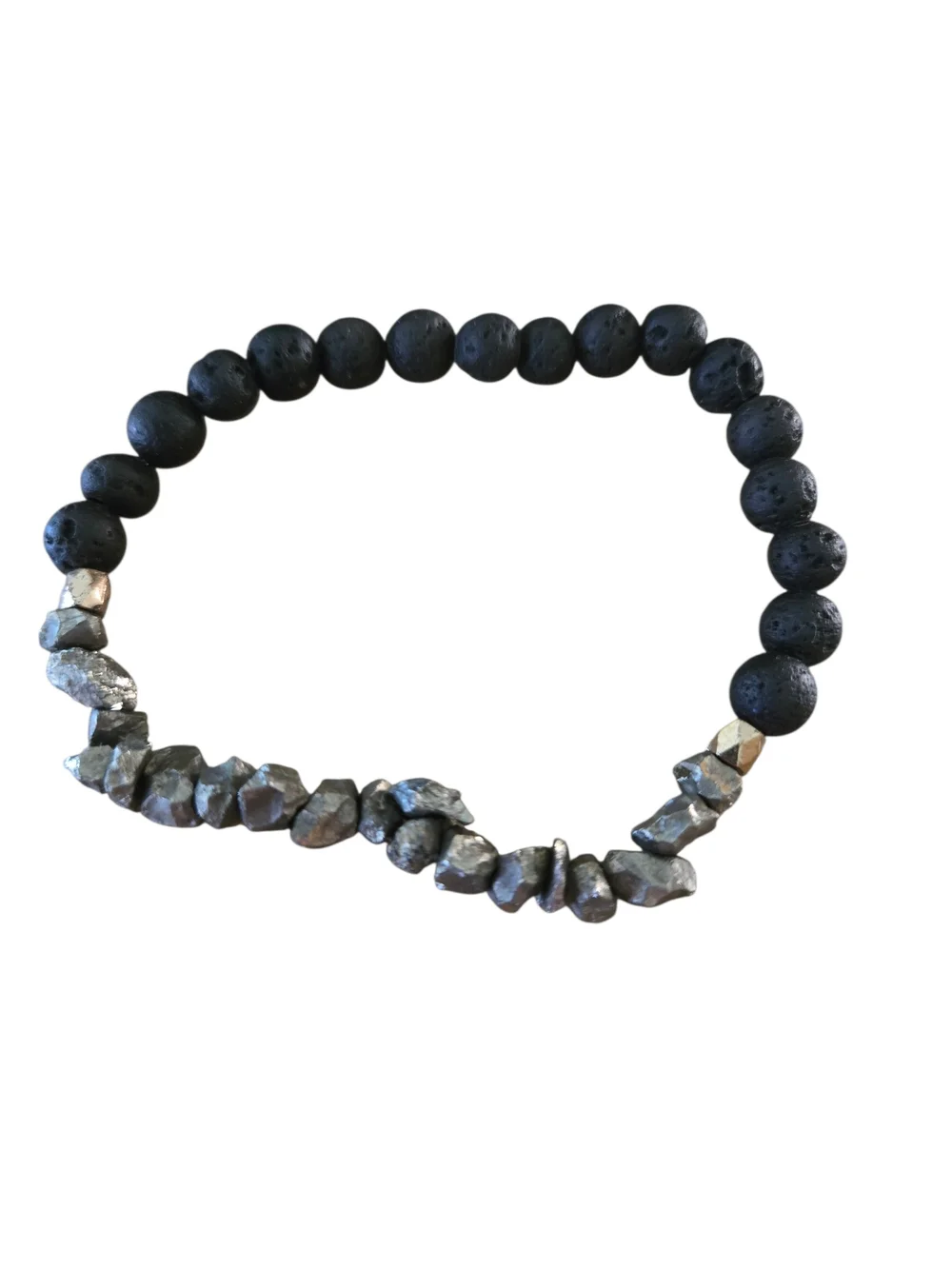 Bracelet Black Lava Stone Silver Hematite Beaded Stretch Jewelry